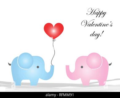 Happy Valentines Day card avec les éléphants mâles et femelles cartoon dans l'amour Illustration de Vecteur