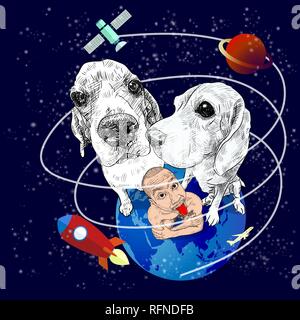 Un man sticking out tongue rouge stting sur blue earth avec ses deux chiens beagle avec scence de l'espace, étoile, planète, rocket et satelite, funny imagi Illustration de Vecteur