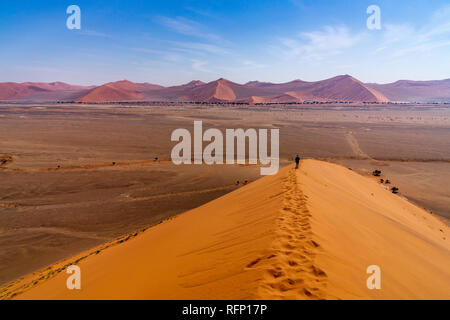 Balades touristiques sur la pittoresque dunes de Sossusvlei, désert du Namib, le Namib Naukluft National Park, la Namibie. La lumière de l'après-midi. Dans l'exploration et l'aventure Banque D'Images