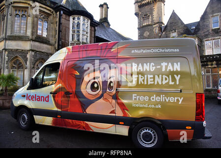 Pour un usage éditorial uniquement. L'Islande RANG-TAN Friendly delivery van illustré à l'extérieur, Cour Semelle intérieure Fairwater, Cardiff, Pays de Galles, Royaume-Uni, Décembre 2018 Banque D'Images