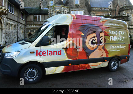 Pour un usage éditorial uniquement. L'Islande RANG-TAN Friendly delivery van illustré à l'extérieur, Cour Semelle intérieure Fairwater, Cardiff, Pays de Galles, Royaume-Uni, Décembre 2018 Banque D'Images