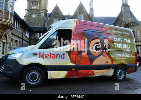 Pour un usage éditorial uniquement. L'Islande RANG-TAN Friendly delivery van illustré à l'extérieur, Cour Semelle intérieure Fairwater, Cardiff, Pays de Galles, Royaume-Uni, Décembre 2018 Banque D'Images