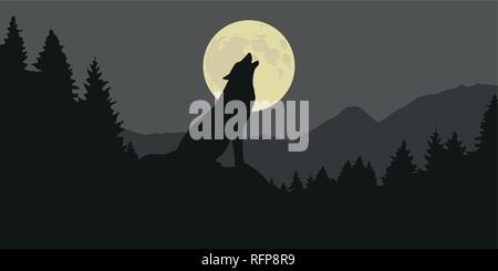 Le loup hurle à la pleine lune dans une forêt silhouette vector illustration EPS10 Illustration de Vecteur