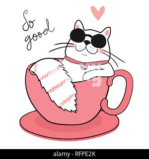Gros chat blanc mignon avec lunettes de soleil et dormir dans une tasse à café, dessiner Illustration de Vecteur