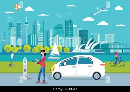 Voiture électrique point de recharge. Une femme de sa voiture électrique de charge avec une application. Sur l'arrière-plan, une vue panoramique sur les toits de Sydney. Télévision vector illustra Illustration de Vecteur