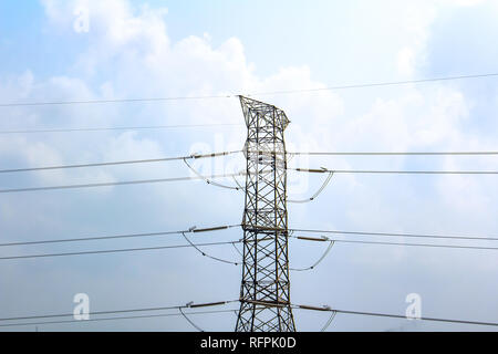 L'énergie électrique à haute tension lines contre un ciel bleu avec des nuages blancs Banque D'Images