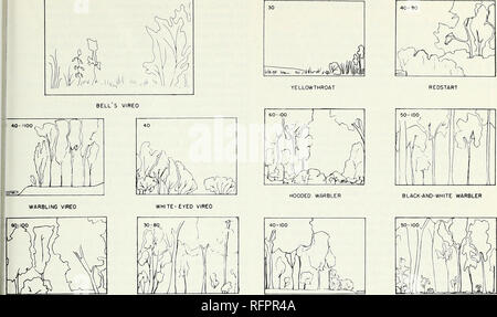 . Actes du Colloque sur la gestion des forêts et des Habitats pour la gamme Gibier, du 6 au 9 mai 1975, Tucson, Arizona. La conservation des oiseaux Les oiseaux ; Congrès Congrès de l'habitat ; la gestion des parcours d'amélioration de l'habitat de la faune ; congrès congrès. 30. YELLOW-THROATED VIREO Viréo aux yeux rouges Warbler Paruline à collier OVENBIRO Figure 5.--dessins Contour de la niche-gestaIt pour cinq espèces de viréos et six espèces de parulines, représentant la configuration visuelle de ces éléments de la structure de la végétation qui ont été constamment présents dans l'habitat de chacun. Donnez les numéros de l'échelle verticale Banque D'Images