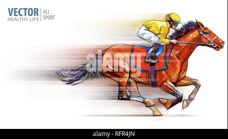 Jockey sur course de chevaux. Champion. Hippodrome. Hippodrome. L'équitation. Vector illustration. Derby. La vitesse. Mouvement Flou. Isolé sur fond blanc. Illustration de Vecteur