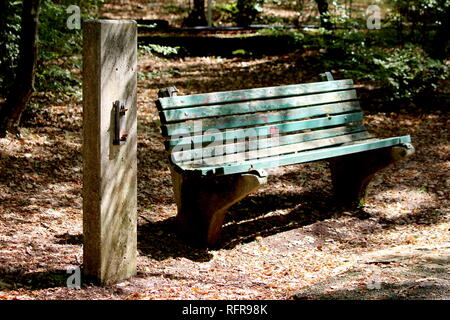 Fortement utilisée vieux banc public en bois à côté de la jetée de béton détruit avec support pour corbeille à l'ombre d'arbres entouré de feuilles tombées Banque D'Images