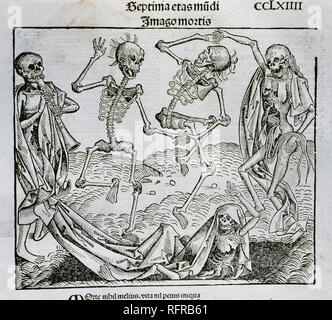 "La Danza de la Muerte" (1493). Ilustración realizada por el pintor y grabador alemán Michael Wolgemut (1434-1519) para la 'Crónica de Nuremberg' (conocida como también 'Historia Mundi' o 'Liber Chronicarum'), obra del humanista alemán Hartmann Schedel (1440-1514). La gravure. Banque D'Images