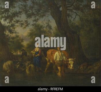 Les paysans avec les bovins fording un flux. Musée : National Gallery, Londres. Auteur : Adriaen VAN DE VELDE,. Banque D'Images