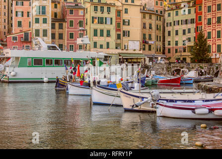 Petits bateaux de pêche et de ferry amarré dans le port de Camogli, Riviera Italienne, ligurie, italie avec une toile de fond historique et maisons colorées appartement Banque D'Images