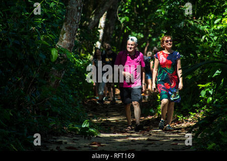 Une photo d'un homme et d'une femme marche sur un magnifique sentier de randonnée du parc national de Cahuita sur la côte caraïbe du Costa Rica. Banque D'Images