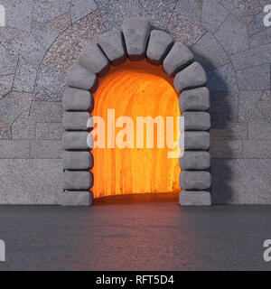 Sol carrelé mur de granit à l'entrée de pierre cyclopéens, asphalte marbre, et lumière orange à l'intérieur de la grotte. Rendu 3D2. Banque D'Images