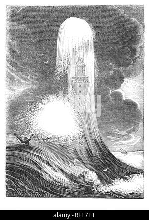 Une vague massive de frapper le troisième phare Eddystone Eddystone Rocks sur la dangereuse, au sud de rame Head, en Angleterre. Conçu par la Société royale, ingénieur civil John Smeaton a modelé la forme sur un chêne, construit de blocs de granit. Il est l'un des premiers 'Lime' hydraulique, un béton qui guérie sous l'eau, et mis au point une technique de fixation de l'aide de blocs de granit et d'aronde en douelles. La construction a commencé en 1756 à Millbay et la lumière fut allumée pour la première fois le 16 octobre 1759. En 1841 D'importantes rénovations ont été faites et il est resté en usage jusqu'en 1877 et fut reconstruite sur Plymouth Hoe. Banque D'Images