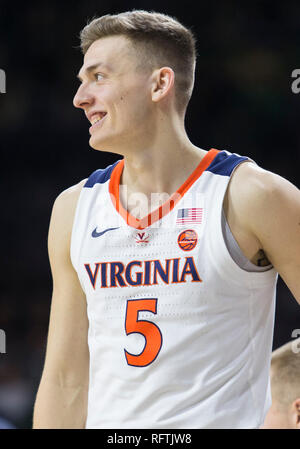 South Bend, Indiana, USA. 26 janvier, 2019. Virginie guard Kyle Guy (5) au cours de l'action de jeu de basket-ball de NCAA entre le Virginia cavaliers et la Notre Dame Fighting Irish à Purcell Pavilion à Joyce Center à South Bend, Indiana. Virginie battu Notre Dame 82-55. John Mersits/CSM/Alamy Live News Banque D'Images