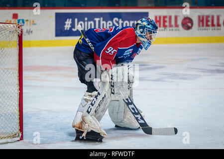 ZAGREB, CROATIE - 30 décembre 2018 : EBEL match ligue de hockey sur glace entre Medvescak Zagreb et KAC. Gardien de but de hockey. Banque D'Images