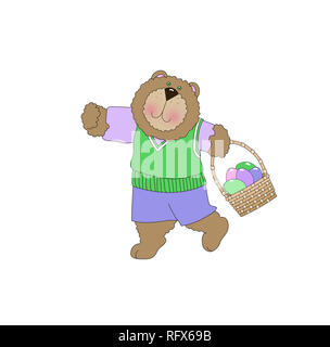 Illustration d'un cute bear portant des vêtements et portant un panier de Pâques sur un fond blanc Banque D'Images