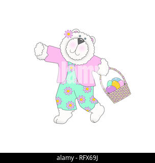 Illustration d'un cute bear portant des vêtements et portant un panier de Pâques sur un fond blanc Banque D'Images