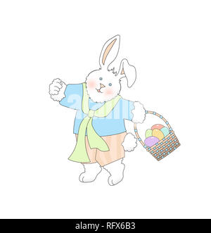 Illustration d'un mignon lapin portant des vêtements et portant un panier de Pâques sur un fond blanc Banque D'Images