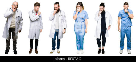 Collage de groupe de médecins et chirurgiens les plus isolés blanc contexte de malaise et la toux comme symptôme de rhume ou de bronchite. Healthca Banque D'Images