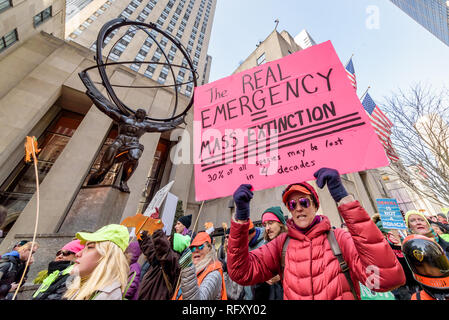 Nwe York, United States. 26 janvier, 2019. Neuf arrestations ont été signalées à l'Extinction nous rébellion (XR), la première grande ville de New York d'une action de désobéissance civile, de nouvelles dynamiques de l'environnement. Une action non-violente a été organisée pour arrêter temporairement le Rockefeller Plaza, un important monument de la ville de New York pour créer une prise de conscience de l'extrême péril de l'urgence du changement climatique à l'échelle nationale grâce à une journée de protestation et de désobéissance civile non-violente. Crédit : Erik McGregor/Pacific Press/Alamy Live News Banque D'Images