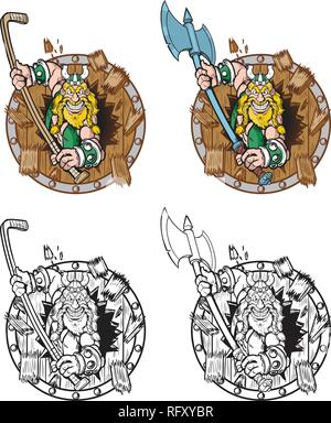 Vector cartoon clip art illustration d'un viking mascot briser ou l'éclatement d'un bouclier de bois avec deux options, une hache ou un bâton de hockey, je Illustration de Vecteur