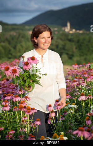 Du vrai agriculteur femme en champ d'échinacée Banque D'Images