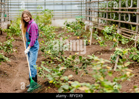 Attarctive cheerful girl ramasser des feuilles dans le jardin Banque D'Images