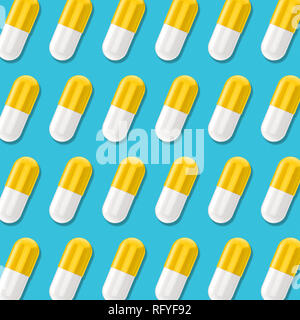 Santé et peinture à la texture, l'arrangement symétrique de jaune et blanc medical pills sur fond bleu turquoise Banque D'Images