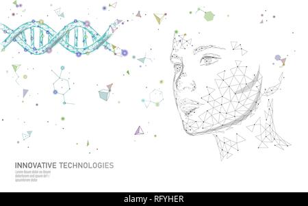 Molécule d'ADN essence esthétique traitement 3D. Low poly visage féminin beauté, soins médicaux polygonales. Structure d'hélice du gène médicament sérum anti-âge vitamine Illustration de Vecteur