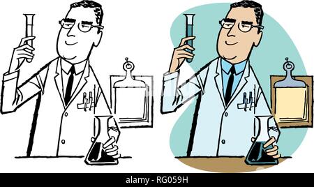 Un savant mélange d'une solution dans un bécher pendant une expérience. Illustration de Vecteur