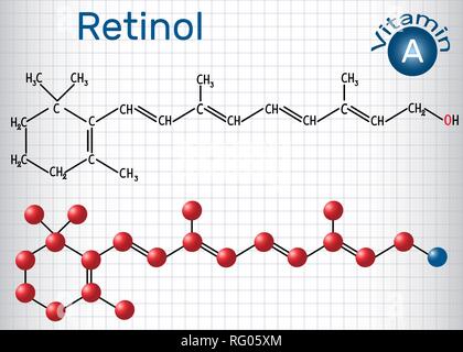 Le rétinol, la vitamine A, est dans l'alimentation et utilisée comme un complément alimentaire. Formule chimique structurale et molécule modèle. Feuille de papier dans une cage. Vector illu Illustration de Vecteur