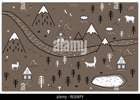 Rivière, les montagnes et les bois Carte d'aventure avec des maisons et des animaux. Style scandinave pépinière d'Art Tapis pour mur ou porte Monochrome Illustration de Vecteur