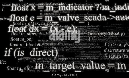 Le code source du logiciel. Couches de code de programme sur fond noir Banque D'Images