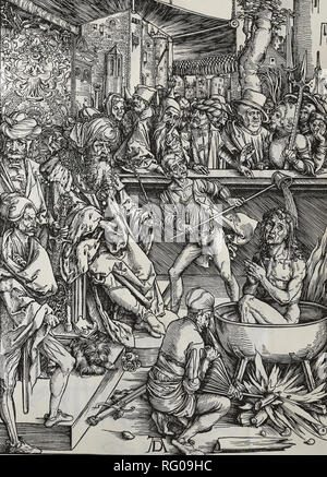 Saint Jean Evangéliste torturés dans une cuve d'huile bouillante. Apocalypse. Gravure sur bois par Albrecht durer. 1498. Banque D'Images