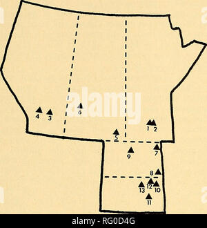 . La Canadian field-naturaliste. 1972 381 Notes. La figure 1. Les dossiers des Grandes Plaines du nord de l'échasse à cou noir-. 1. Delta, Manitoba ; 2. Saint Ambroise (Manitoba) ; 3. Brooks (Alberta) ; 4. Langdon (région de Calgary). L'Alberta ; 5. L'aréole, en Saskatchewan ; 6. Rose- ville, la Saskatchewan ; 7. Grafton, Dakota du Nord ; 8. Hankinson, Dakota du Nord ; 9. J. Clark Salyer Refuge, au Dakota du Nord ; 10. Waubay, Dakota du Sud ; 11. Huron, le Dakota du Sud ; 12. Long Lake, Dakota du Sud ; 13. Roscoe, South Dakota. papier de ce dernier avant sa publication ; et le Dr Roger M. Evans et Robert W. Nero pour la lecture critique du manuscrit. L Banque D'Images