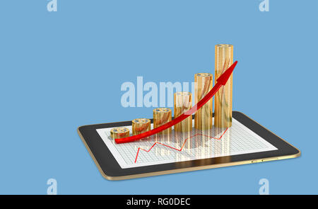 Crash Bitcoin - Tablette graphique avec bénéfice des piles de Bitcoins doré sur elle - le rendu 3D Banque D'Images