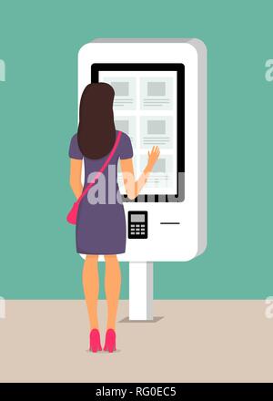 Femme en utilisant le libre-service de paiement et d'information terminal électronique avec écran tactile. Vector illustration style de télévision Illustration de Vecteur