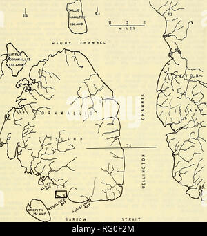 . La Canadian field-naturaliste. Juillet-sept. 1955] Le Canadian Field-Naturalist 117. Carte du détroit de Barrow. 1. L'Île Comwallis avec emplacements de Allen, résolue et d'assistance ; baies de la zone indiquée par le rectangle est illustré sur la carte 2. tock sur l'île Cornwallis (McOlintock Markham ex 1909, p. 245). C'était enregistré par Polunin (1940), comme "en face de l'île Browne". Les spécimens d'Ede et certains des spécimens Sutherland sont préservés dans un "jardin botanique" album assemblé par IVtr. Adam White (Polunin, 1936) et maintenant pré- servi dans l'herbier de l'Université de Toronto. En tant que Banque D'Images