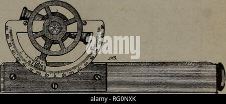 . Industries canadiennes forestières 1905-1906. L'exploitation forestière ; les forêts et la foresterie ; Produits forestiers ; l'industrie de pâte de bois ; industries du bois. j'^FiG. 5.-Clinomètre pour mesurer les hauteurs. tube. L'observateur puis sites touristiques à un objet à travers le tube, qu'il apporte à un niveau par la bulle est reflétée dans le miroir, puis note si l'objet est au-dessus ou au-dessous de la croix sur le fil. Si l'objet est en ligne directe avec la croix sur le fil c'est sur le même niveau avec son oeil ; sinon, l'objet est au-dessus ou au-dessous du niveau de l'œil, selon le cas. Le marchand peut également utiliser le présent niveau de fin Banque D'Images