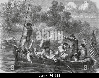 La guerre civile américaine (1861-85). Un piège tendu par les Confédérés. Le capitaine de l'Armée de l'Union et de l'équipage sur petit bateau. Gravure par Fr. Vizetelly. Banque D'Images