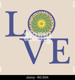 Illustration Vecteur de fleurs de cactus et d'inscription de l'amour. Message d'amour. Carte de souhaits Happy Valentine's Day. Fond romantique. Illustration de Vecteur