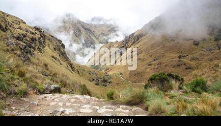 Vue imprenable sur le paysage andin a la suite du célèbre sentier de randonnée Sentier des Incas au Pérou, à travers un paysage de forêt de nuages mystérieux Banque D'Images