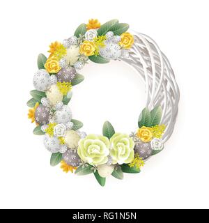Couronne de Pâques - élégant décoré avec des fleurs et une couronne d'oeufs feuilles - jaune orange blanc et vert Illustration de Vecteur