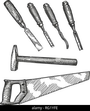 Outils de menuiserie croquis. Le travail du bois, menuiserie concept. Vintage vector illustration Illustration de Vecteur