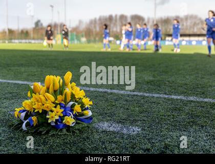 Cardiff, Wales, UK. 27 janvier, 2019. À la suite de l'Emiliano Sala d'une disparition, la ville de Cardiff l'équipe des femmes a rendu hommage à l'attaquant et son pilote David Ibbotson avant leur match contre Cardiff rencontré W à Cyncoed Campus à Cardiff, Pays de Galles. Crédit : Matthieu Lofthouse/Alamy Live News Banque D'Images