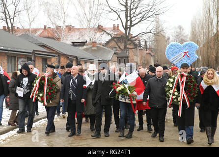 Oswiecim, Pologne. 27 Jan, 2019. Les poteaux, les patriotes polonais, avec des drapeaux nationaux. 74ème anniversaire de la libération d'Auschwitz et le jour de l'Holocauste. La plus grande concentration et d'extermination nazi d'Auschwitz-Birkenau KL camp a été libéré par l'Armée rouge le 27 janvier 1945. Credit : Damian Klamka/ZUMA/Alamy Fil Live News Banque D'Images