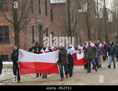 Oswiecim, Pologne. 27 Jan, 2019. Les poteaux, les patriotes polonais, avec des drapeaux nationaux. 74ème anniversaire de la libération d'Auschwitz et le jour de l'Holocauste. La plus grande concentration et d'extermination nazi d'Auschwitz-Birkenau KL camp a été libéré par l'Armée rouge le 27 janvier 1945. Credit : Damian Klamka/ZUMA/Alamy Fil Live News Banque D'Images