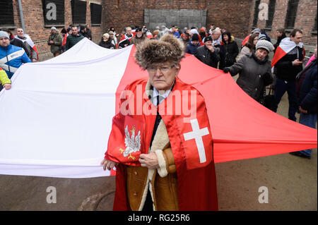 Oswiecim, Pologne. 27 Jan, 2019. Des militants d'extrême droite polonais sont vu assister à une extrême droite mars mémorial pour rendre hommage aux Polonais qui ont été tués à l'ancien camp de la mort nazi d'Auschwitz-Birkenau allemande au cours de la 74e anniversaire de la libération d'Auschwitz.En novembre 2015, Piotr Rybak brûlé une marionnette sous la forme d'un Juif orthodoxe au cours d'une extrême droite propest à Wroclaw. Credit : Omar Marques/SOPA Images/ZUMA/Alamy Fil Live News Banque D'Images